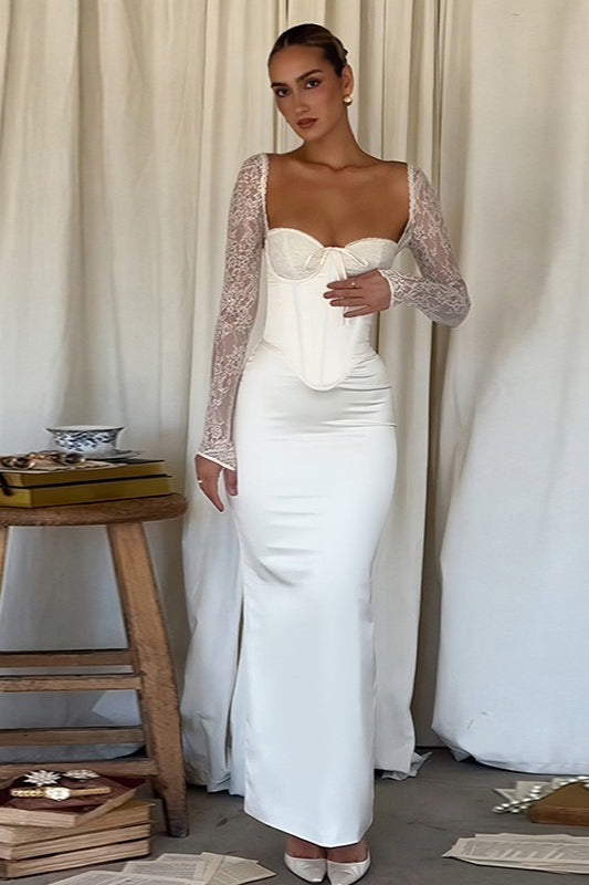 Satin Sweetheart Lace Sleeve Corset Mermaid Maxi Dress - View 5