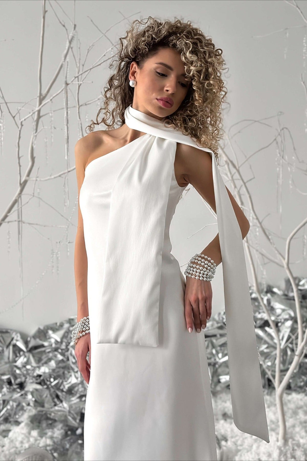 Satin Mock Neck Sash Tie Sleeveless Column Maxi Gown - View 4