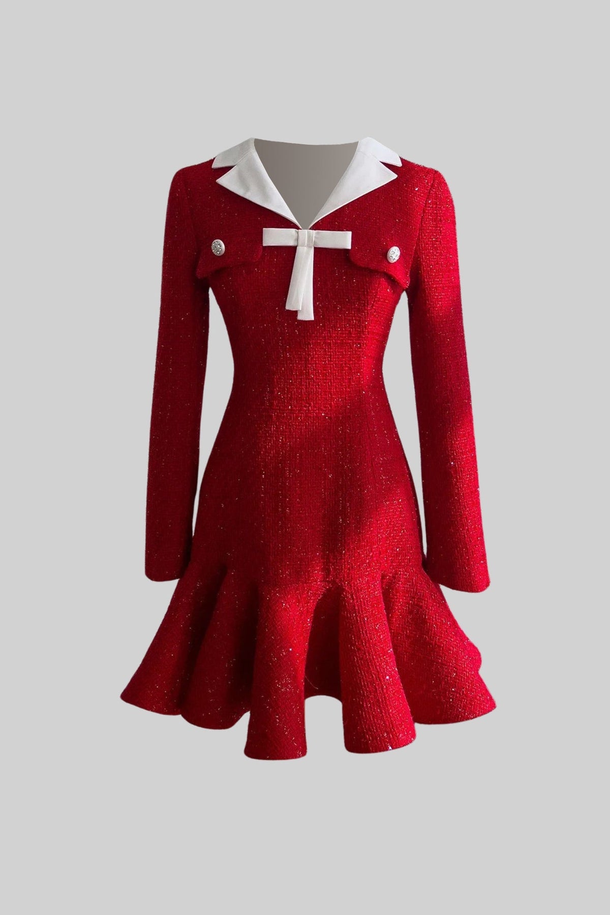 Tweed Sailor Collar Bow Flap Pocket Ruffle Hem Long Sleeve Mini Dress - View 2
