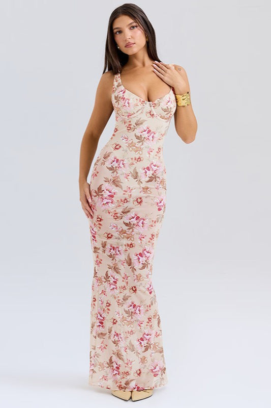 Floral Sweetheart Spaghetti Strap Ruched Bodycon Maxi Dress - View 5