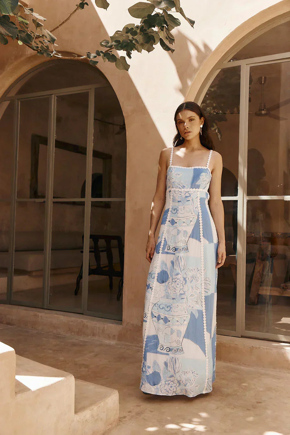 Square Neck Lace Trim Vase Print Spaghetti Strap Maxi Dress