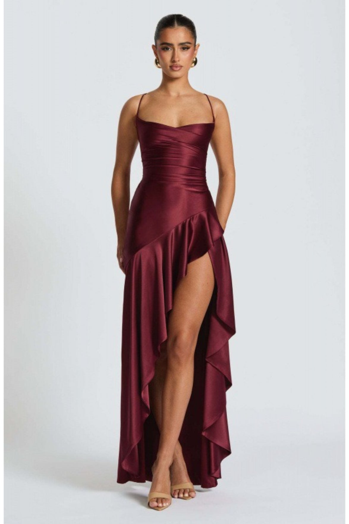 Satin Cowl Neck Lace Up Back Ruffle High Low Maxi Dress 9