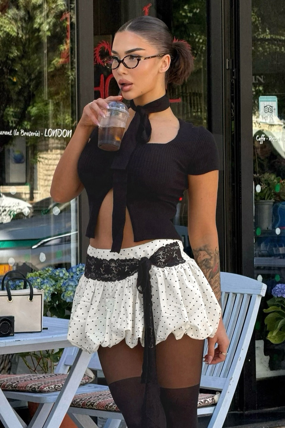 Lace Pleated Denim Mini Skort