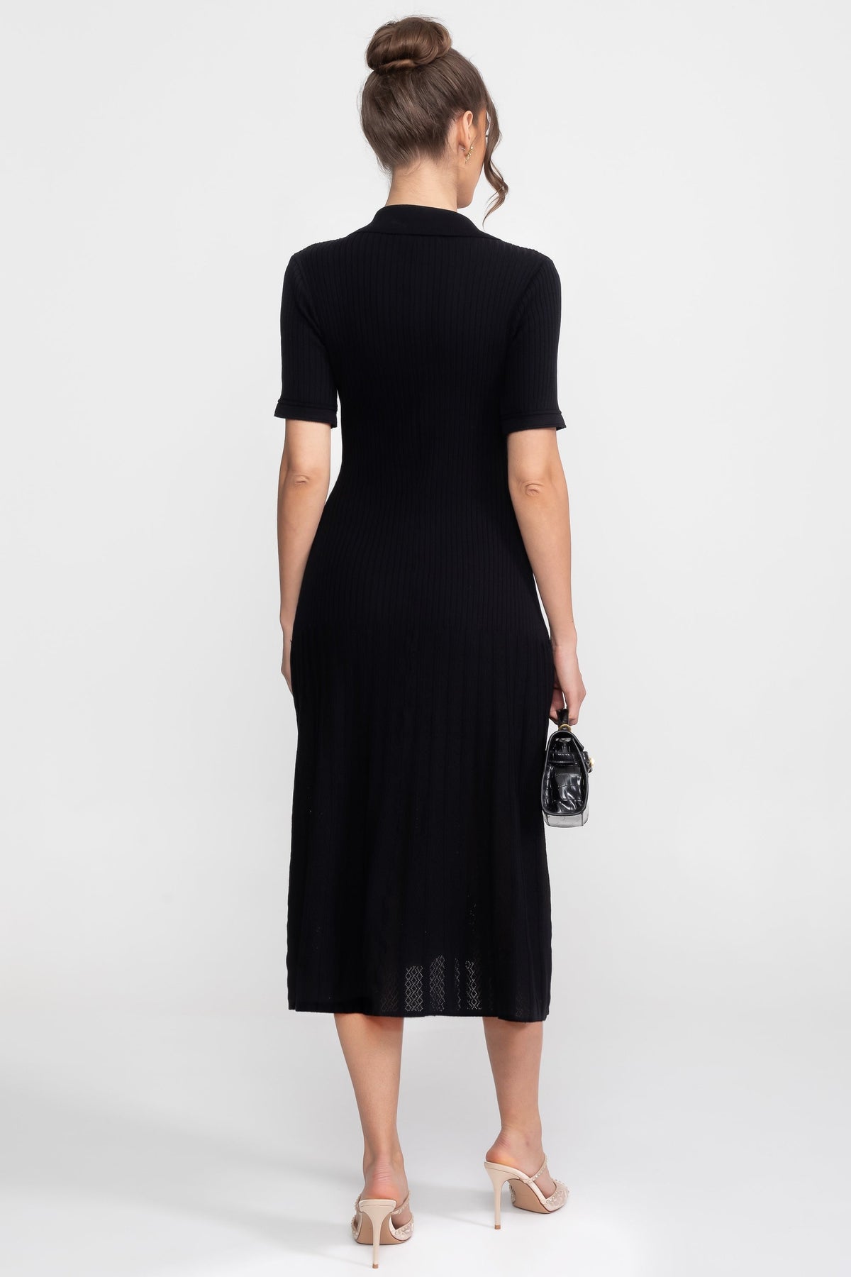 Ribbed Knit Midi Dress With Peter Pan Collar And Pleated Skirt - Black - View 4