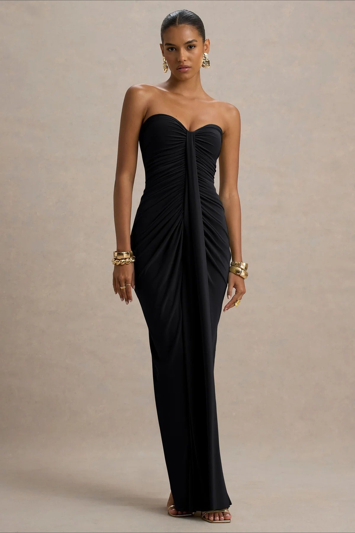 Strapless Sweetheart Ruched Center Drape Panel Column Maxi Formal Gown - View 6