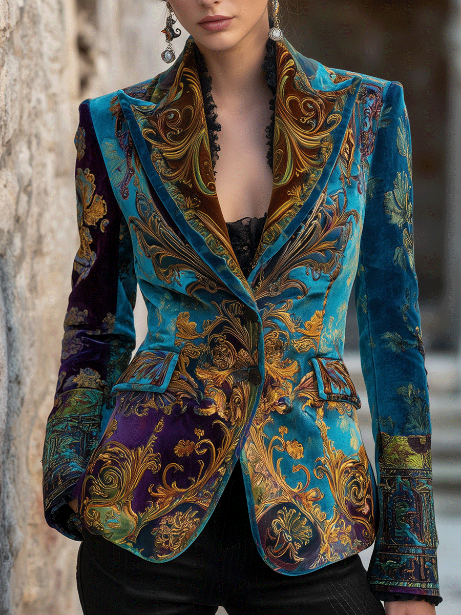 Baroque Print Velvet Peak Lapel Single Button Blazer