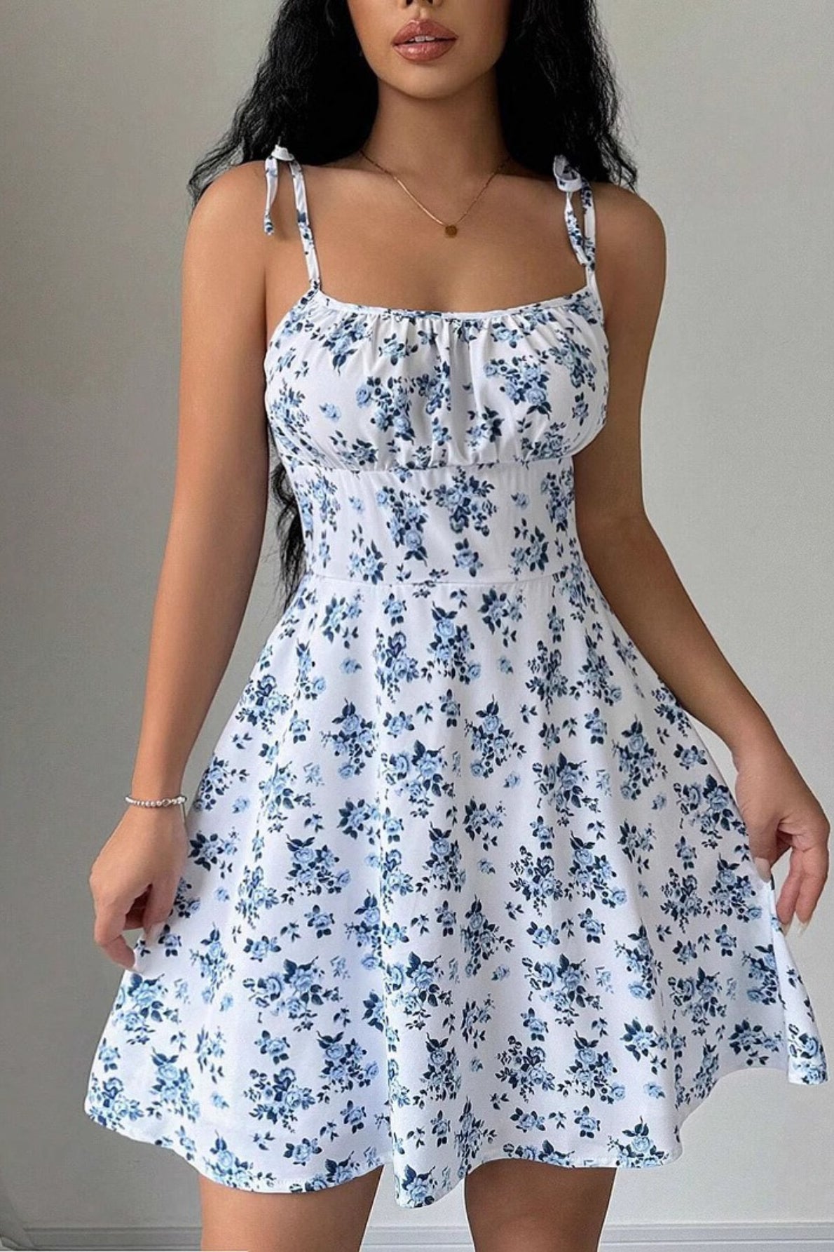 Floral Tie Strap Ruched Fit and Flare Mini Dress