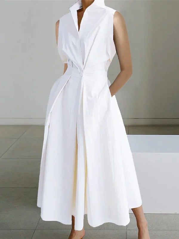 Stand Collar Deep V-Neck Sleeveless Pocket A-Line Midi Dress - View 8