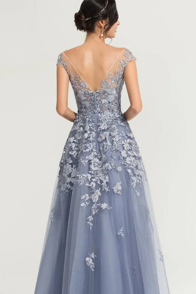 Lace Illusion Neck Cap Sleeve Tulle A-Line Prom Dress - View 2