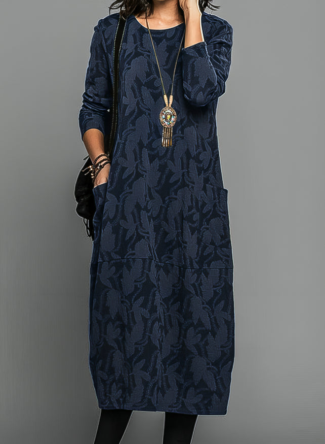 Leaf Jacquard Crew Neck Long Sleeve Patch Pocket Shift Midi Dress - View 3