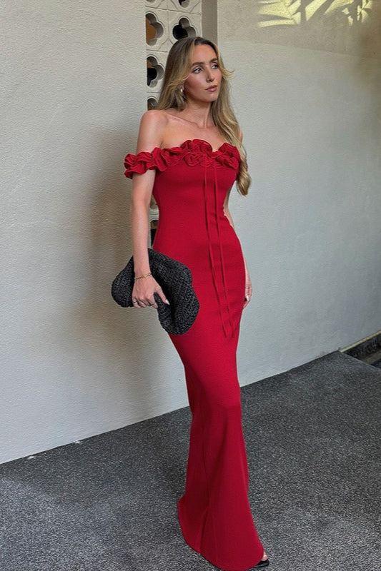 Off Shoulder Ruffle Trim Tie Front Bodycon Maxi Dress - View 3