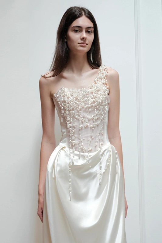 One Shoulder Pearl Beaded Corset Satin Maxi Gown 3