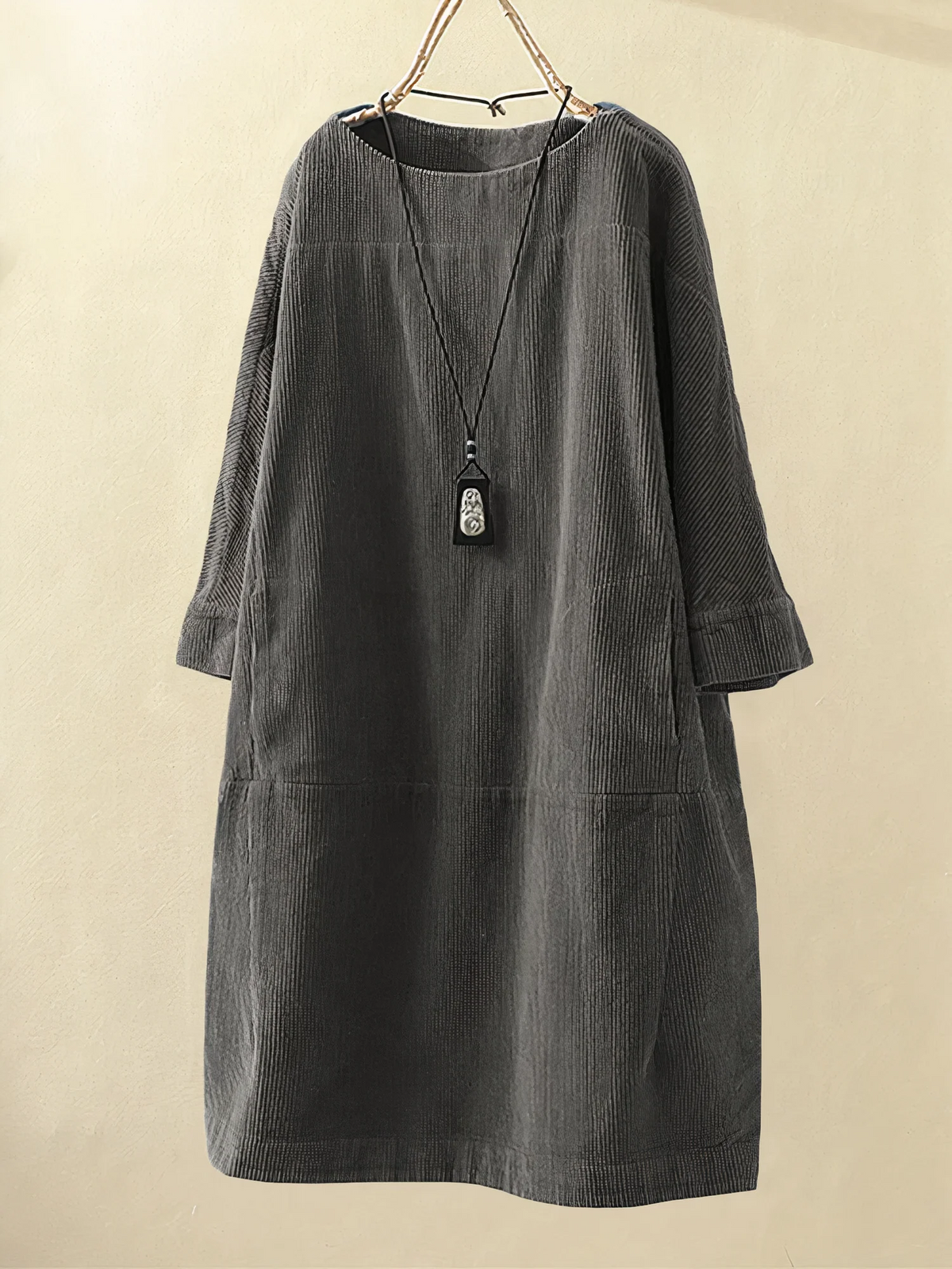 Corduroy Oversized Long Sleeve Pocket Paneled Midi Dress - View 5