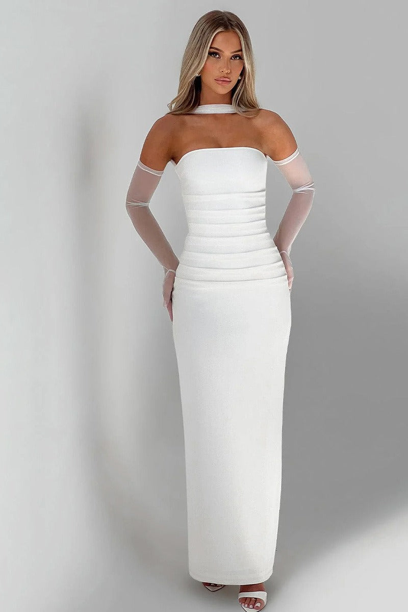 Strapless Choker Neck Ruched Sheer Glove Bodycon Maxi Dress