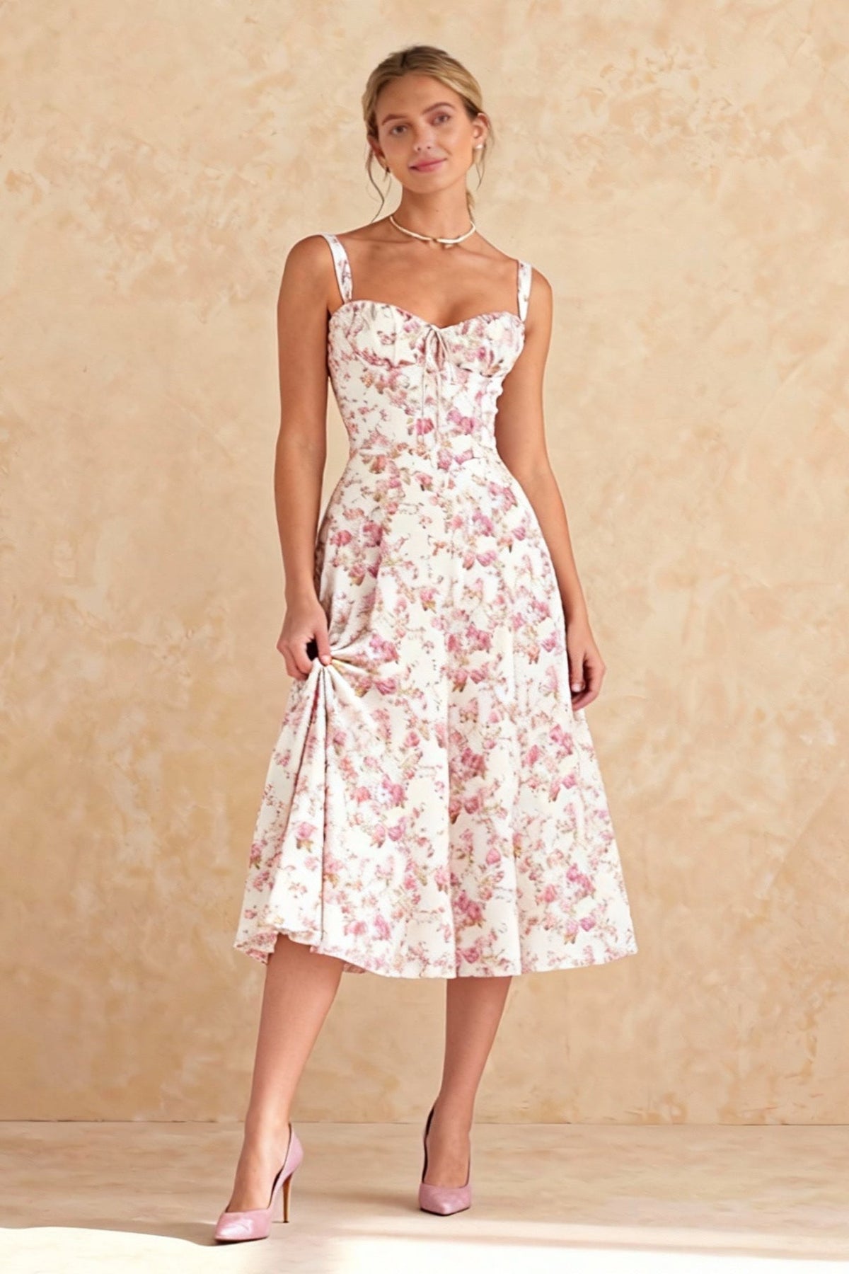 Sweetheart Spaghetti Strap Floral Tie Front A-Line Midi Dress 3