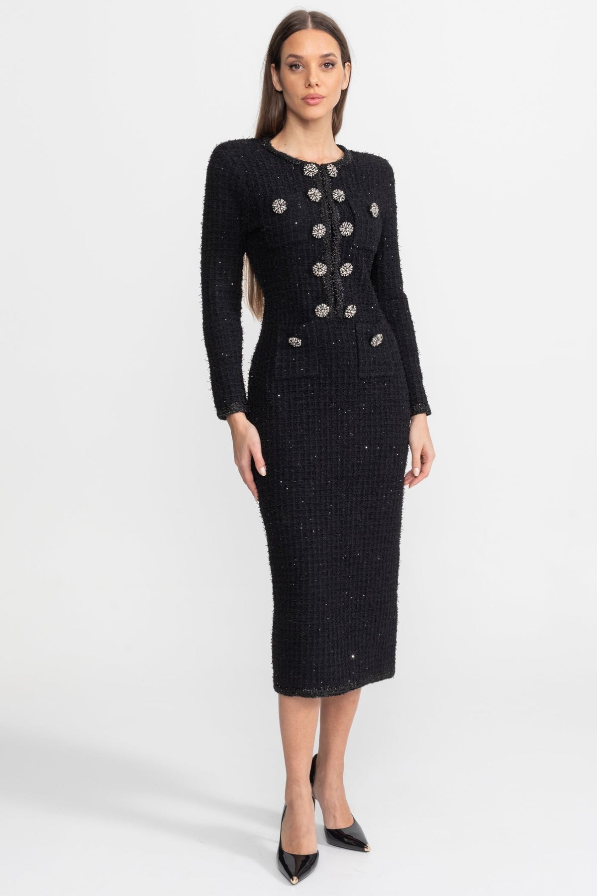 Sequin Tweed Long Sleeve Rhinestone Flower Sheath Midi Dress