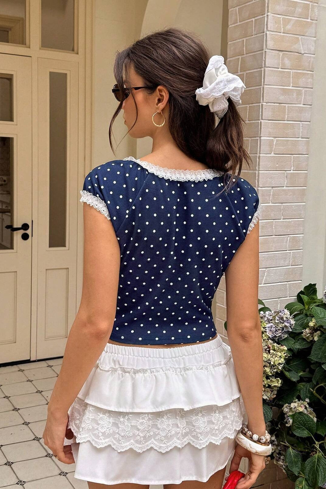 Polka Dot Square Neck Puff Sleeve Lace Trim Keyhole Top 3