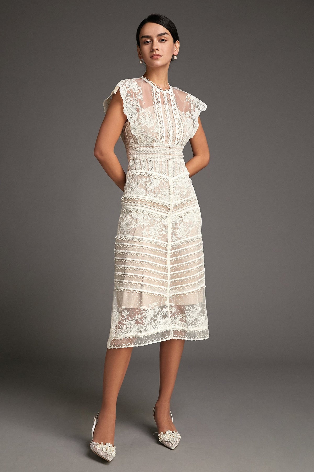Floral Embroidered Mesh Cap Sleeve Midi Dress in Beige - View 3