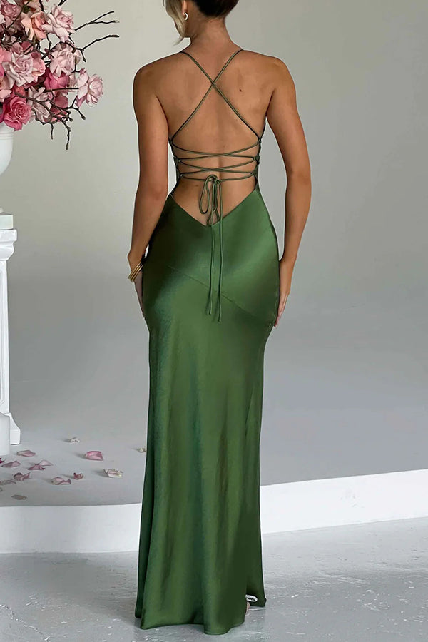 Satin Solid Color Sexy Backless Lace Up High Slit Maxi Dress - View 10