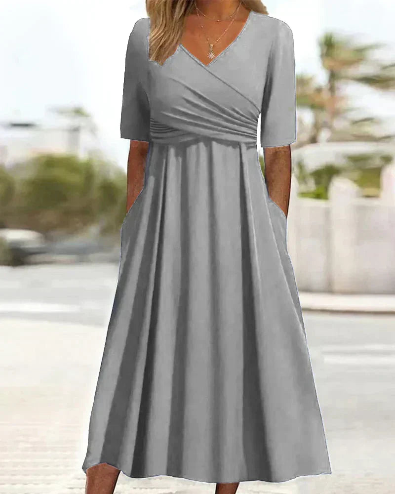 Wrap Deep V-Neck Short Sleeve Ruched A-Line Midi Dress - View 3
