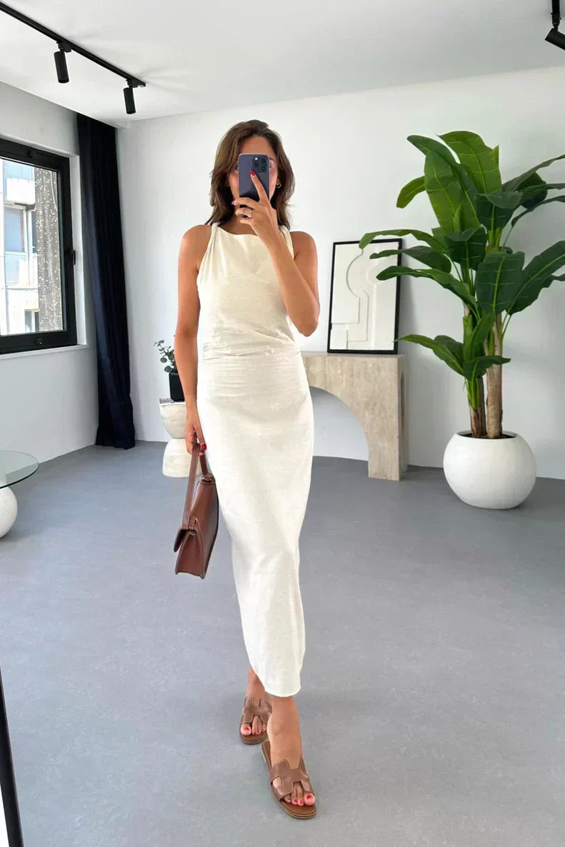 Boat Neck Sleeveless Gathered Waist Linen Look Midi Dress - View 4