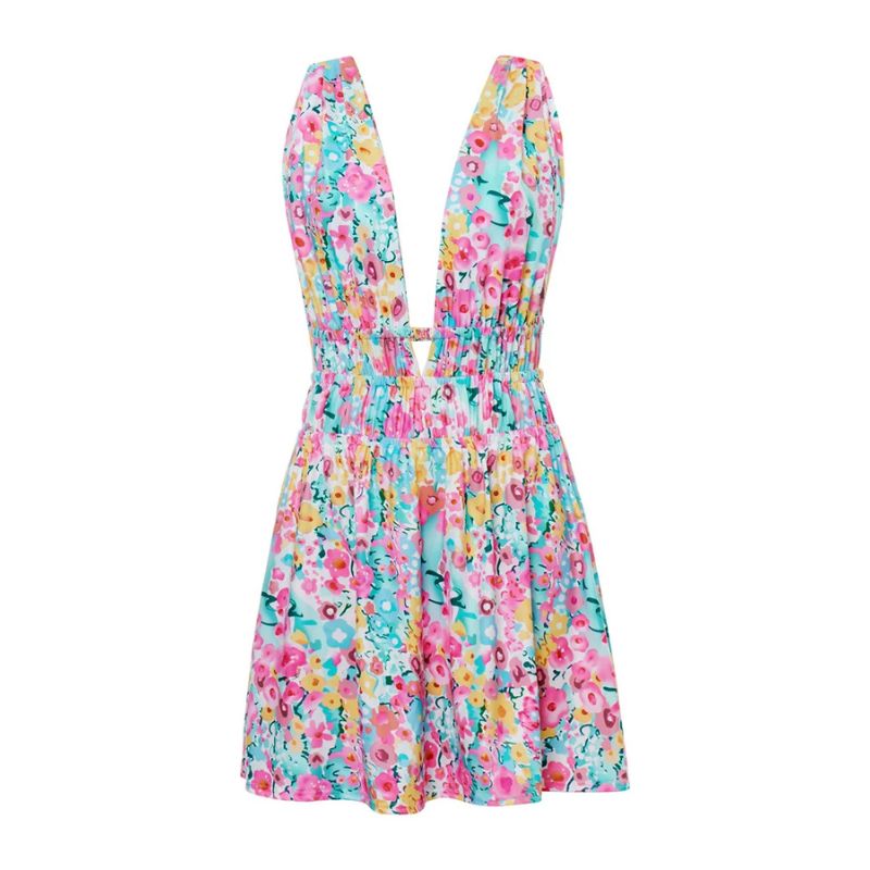 Floral Deep V-Neck Sleeveless Fit and Flare Mini Summer Dress - View 5