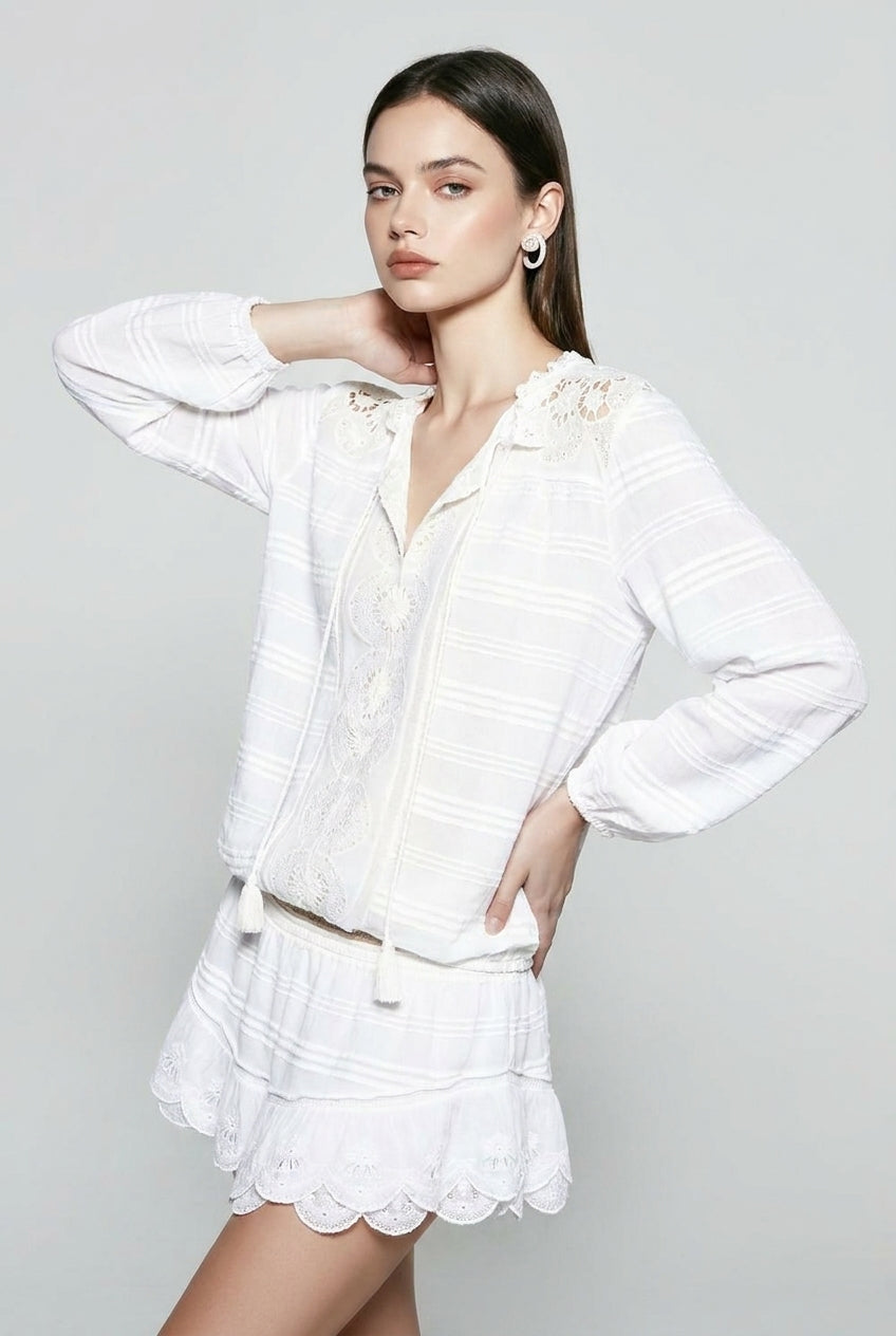 Crochet Trim Long Sleeve Smocked Waist Eyelet Hem Mini Dress 2