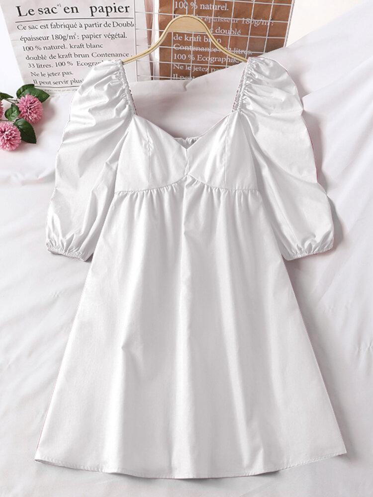 Puff Sleeve Sweetheart Square Neck Empire Waist Babydoll Mini Dress - View 2