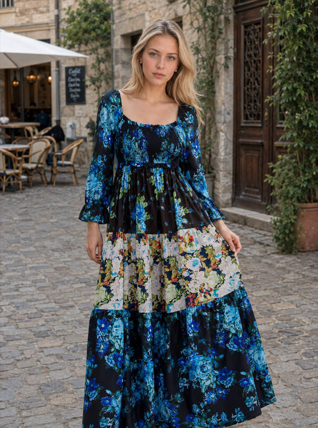 Floral Square Neck Long Sleeve Smocked Tiered Maxi Dress 7