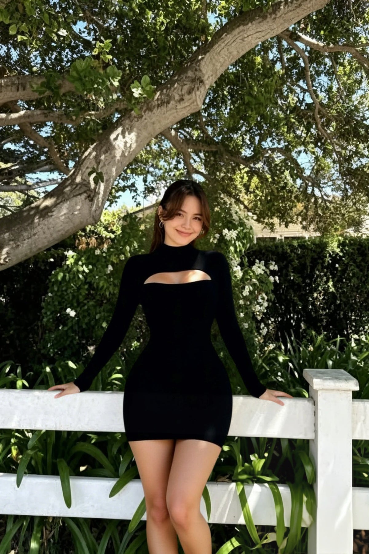 Mock Neck Long Sleeve Ribbed Knit Cut Out Bodycon Mini Dress 5