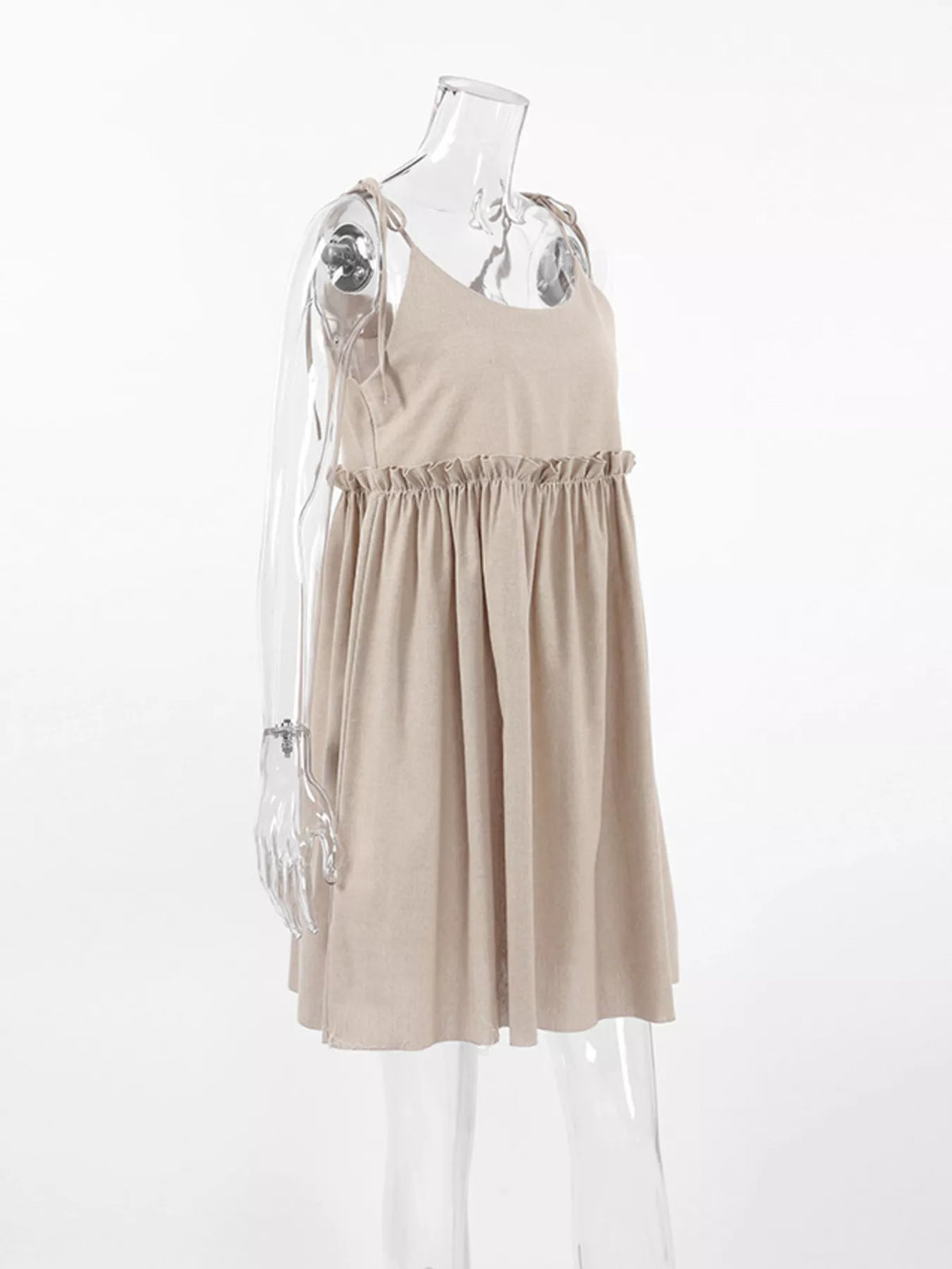 Tie Strap Scoop Neck Ruffle Waist Linen Look Mini Dress 6
