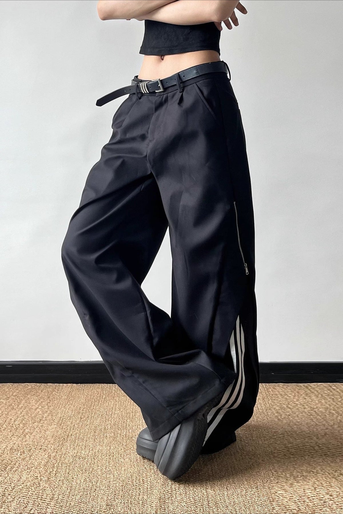 Zipper Deconstructed Side Stripe Drapey Sports Pants