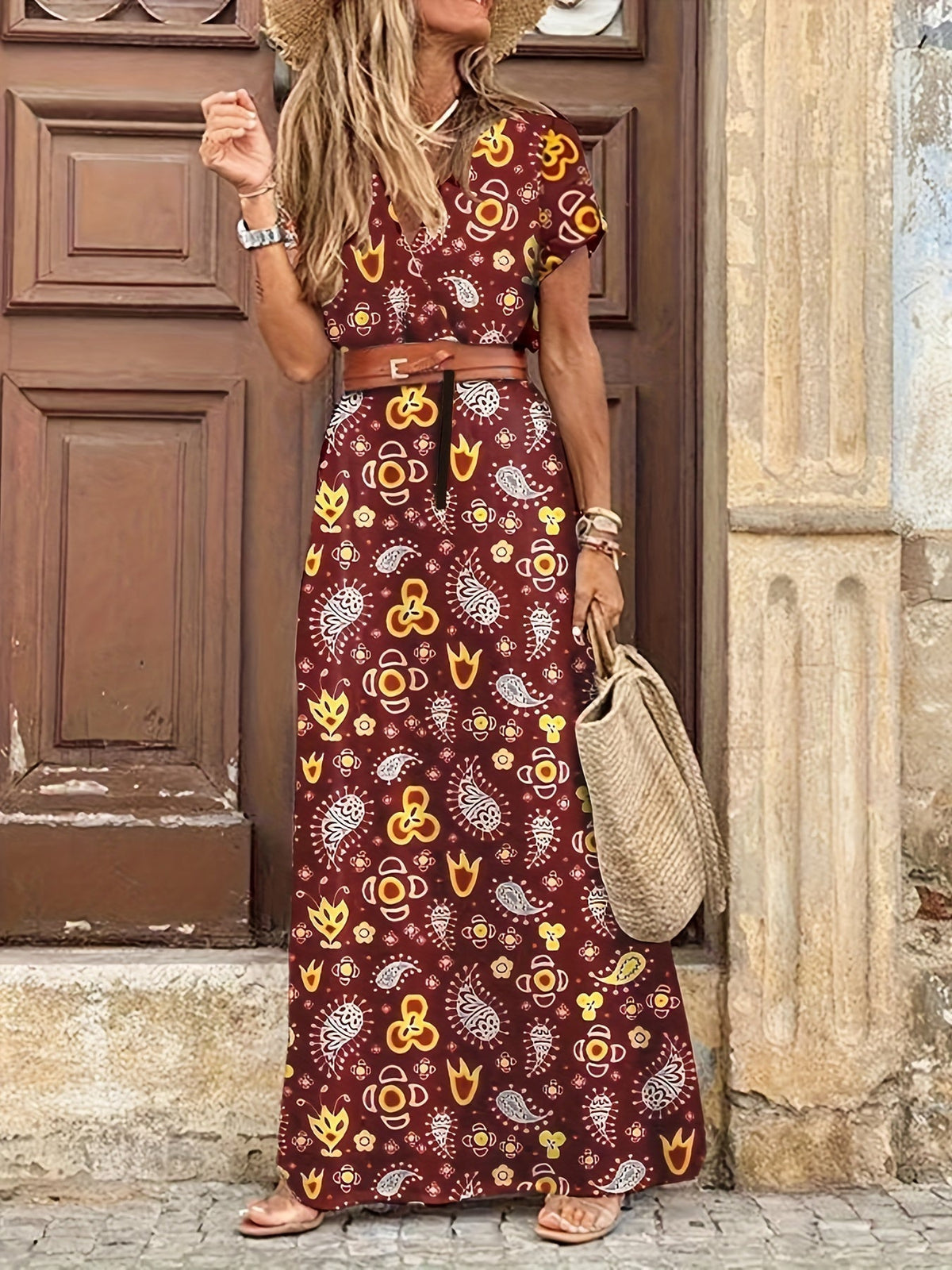 Paisley V-Neck Short Sleeve Belted Maxi Dress 8