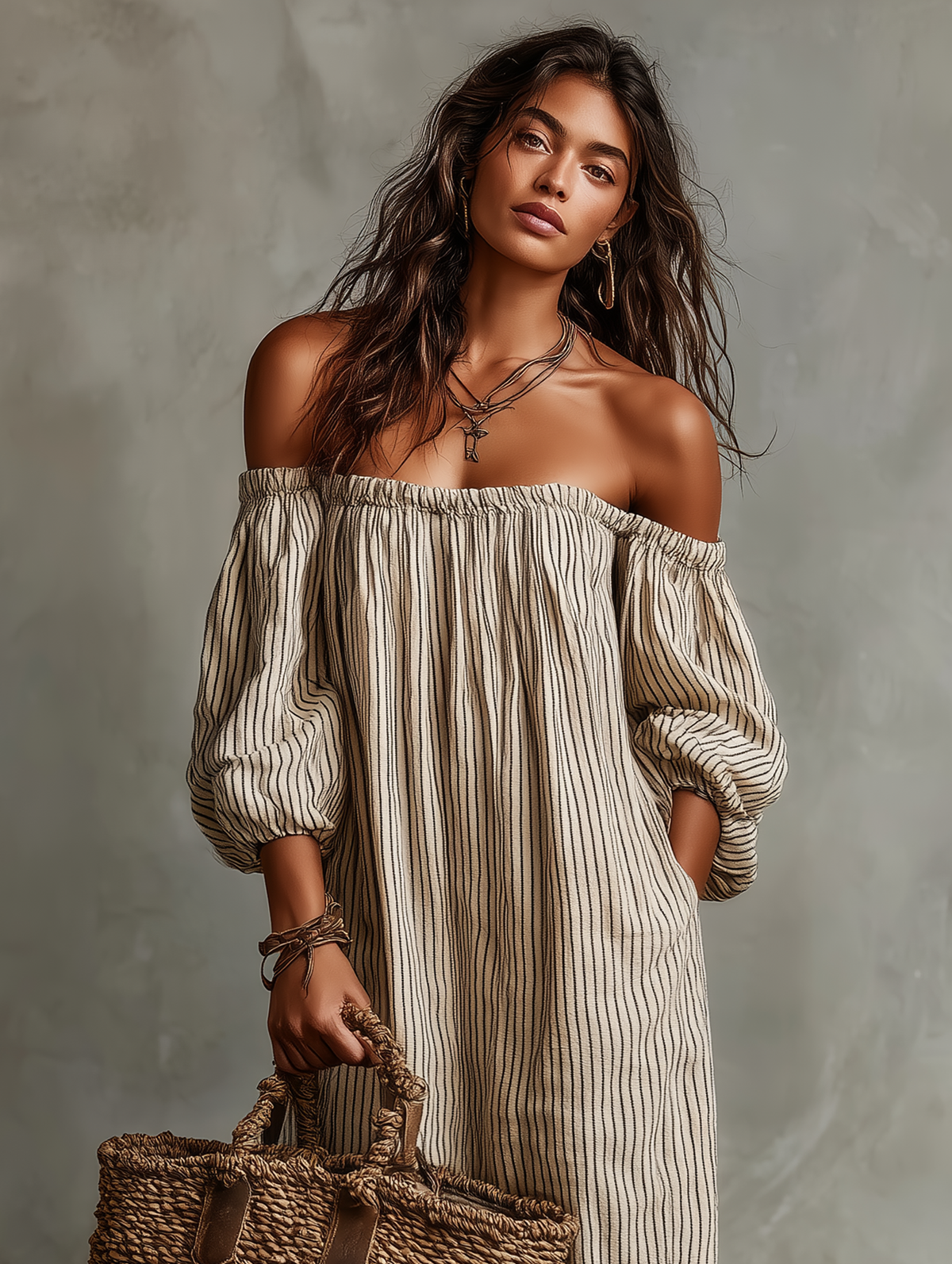 Striped Off Shoulder Puff Sleeve Maxi Dress 3