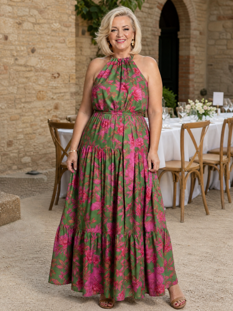 Floral Halter Neck Sleeveless Tiered Belted Maxi Dress 8
