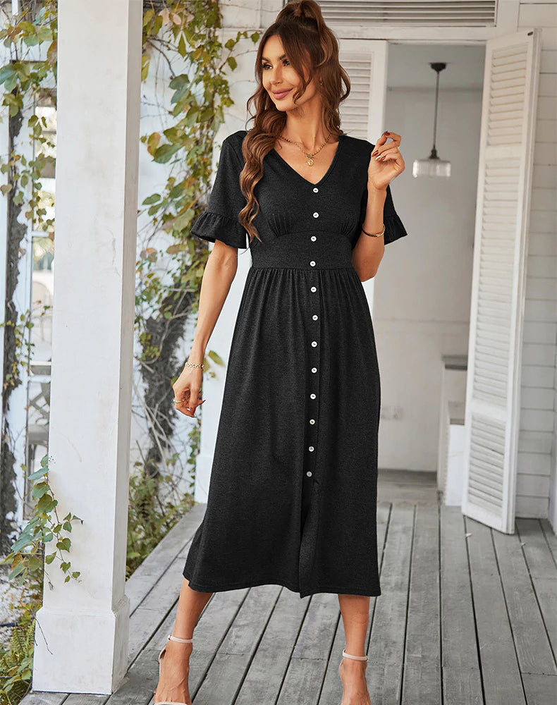 V-Neck Ruffle Sleeve Button Front A-Line Midi Dress 8