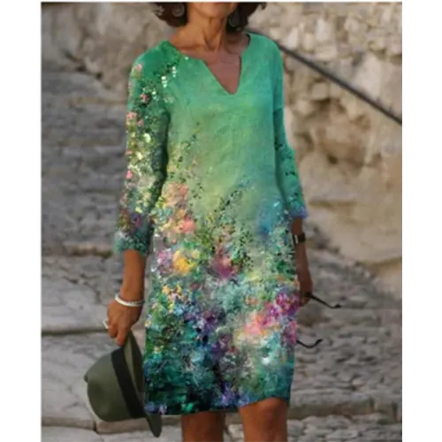 V-Neck Three Quarter Sleeve Relaxed Fit Knee Length Shift Dress