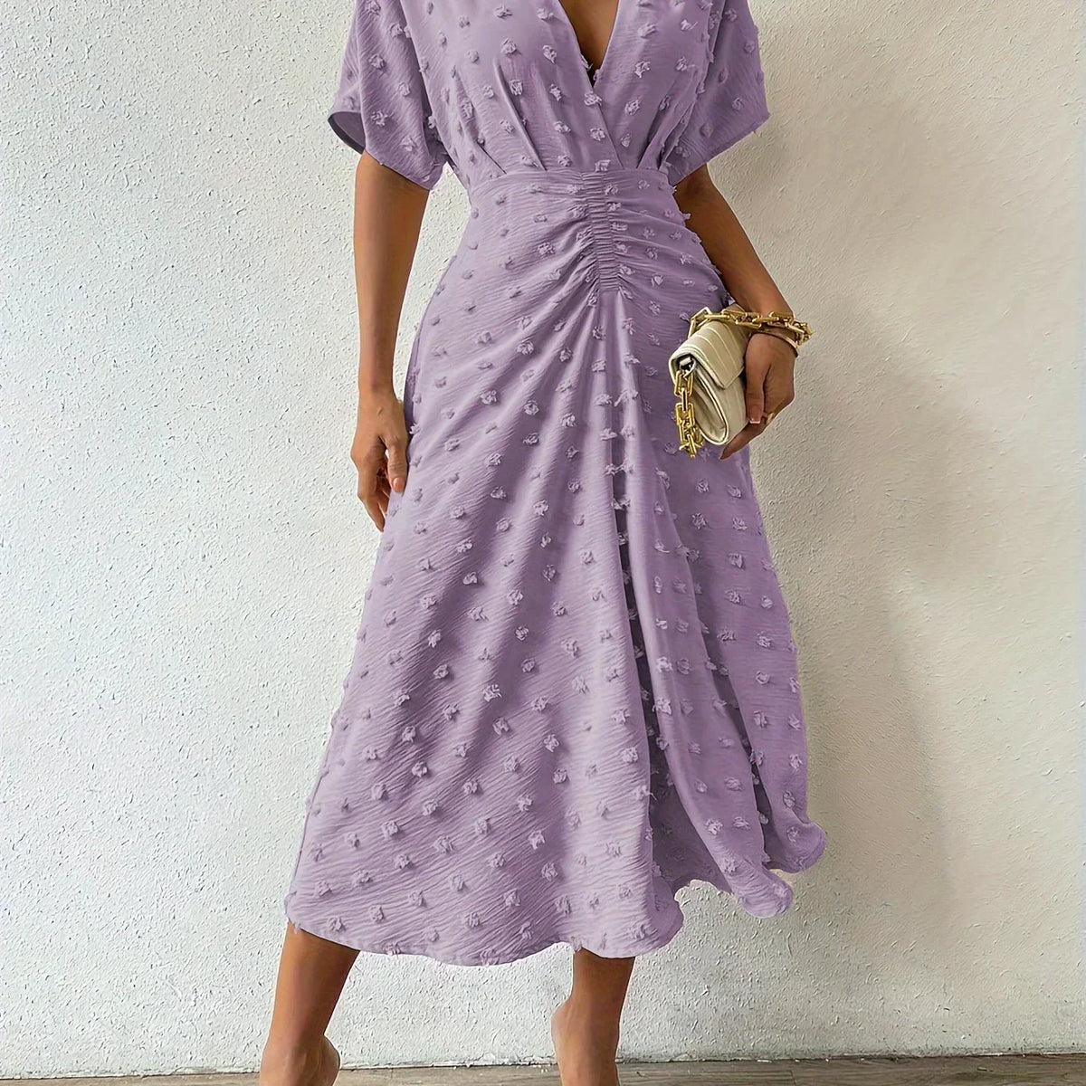 Swiss Dot Flutter Sleeve Pleated Back A-Line Midi Dress - View 4