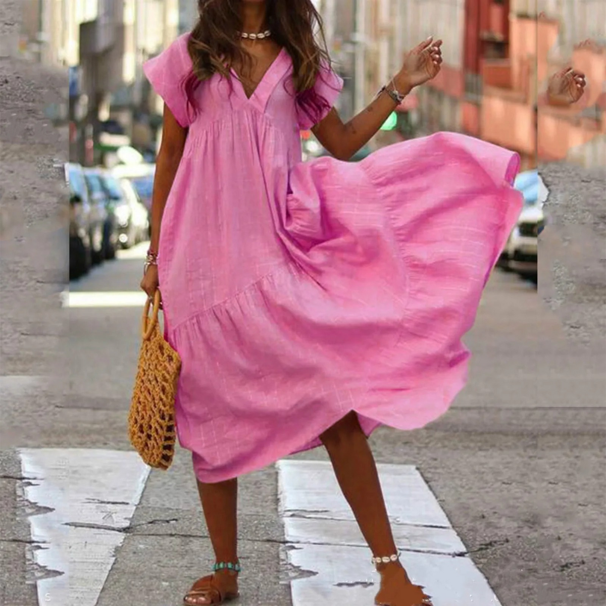 V-Neck Flutter Sleeve Tiered Ruffle Smock Midi Dress - View 3