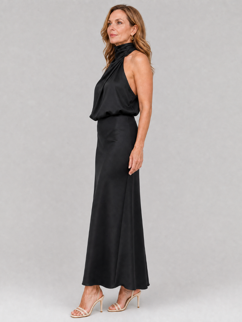 Halter Neck Draped Satin Maxi Gown 7