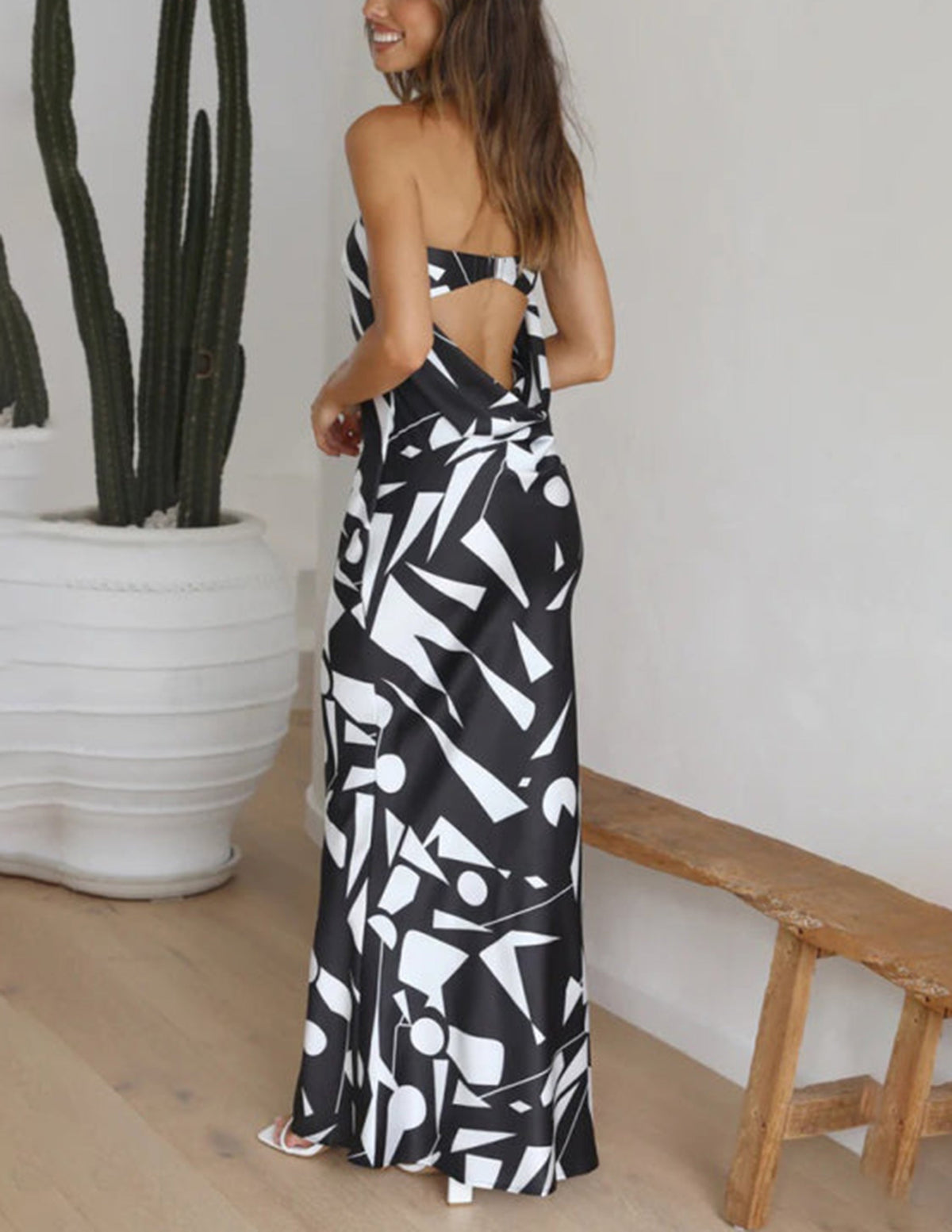 Satin Geometric Print Off Shoulder Maxi Dress - View 7
