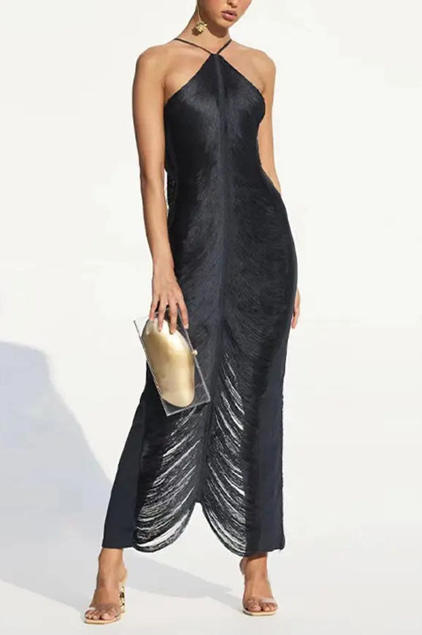 Sexy Allnight Metallic Halterneck Backless Fringed Slit Maxi Dress - View 6