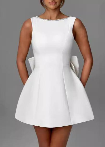 Pearl Trim Boat Neck Pleated Pocket Bow Back A-Line Mini Dress - View 3