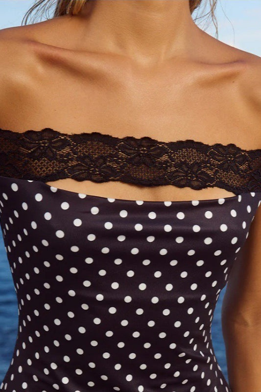 Off Shoulder Polka Dot Lace Trim Bodycon Mini Dress in Black - View 3