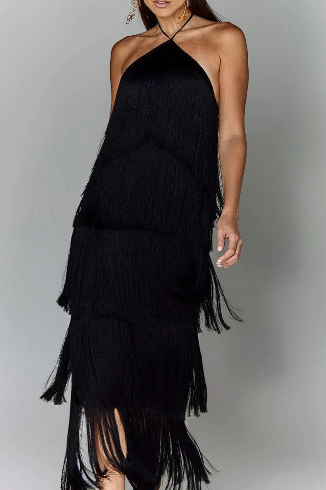 Chic Halter Fringe Backless Slit Cocktail Dress in Khaki - View 4