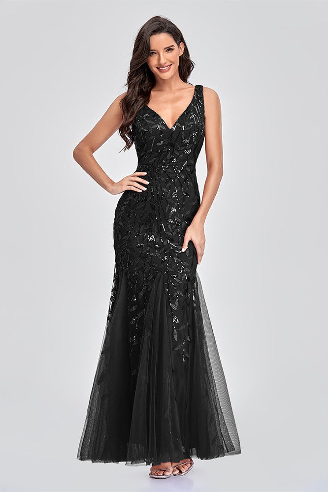 Sequin V-Neck Embroidered Mermaid Maxi Prom Dress - View 13