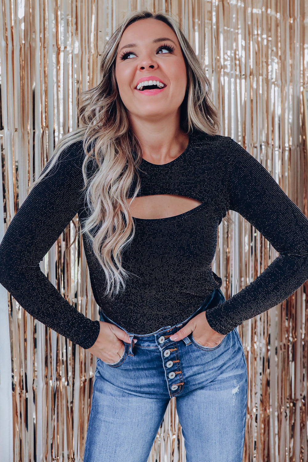 Arm Out In Top Long Metallic Cut Sparkle Black