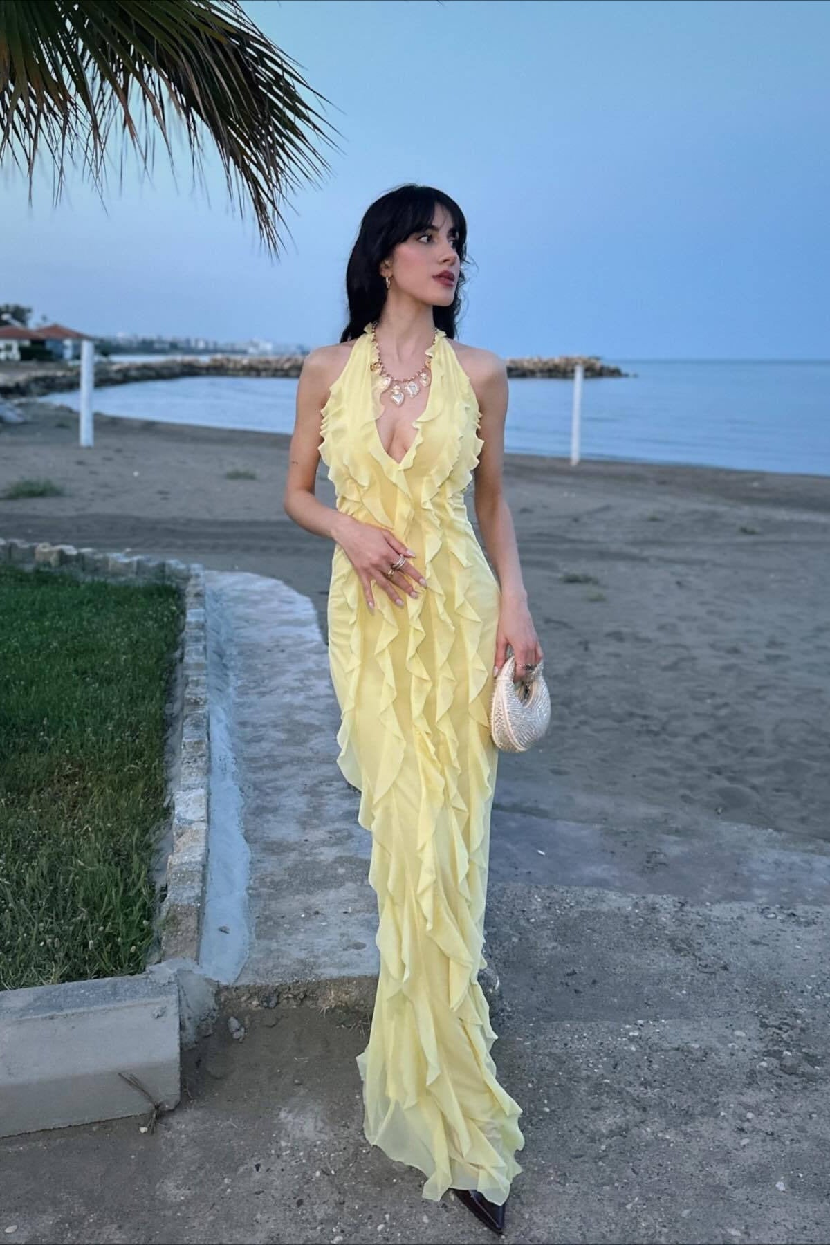 Chiffon Halter Deep V-Neck Ruffle Trim Backless Slip Maxi Dress - View 3