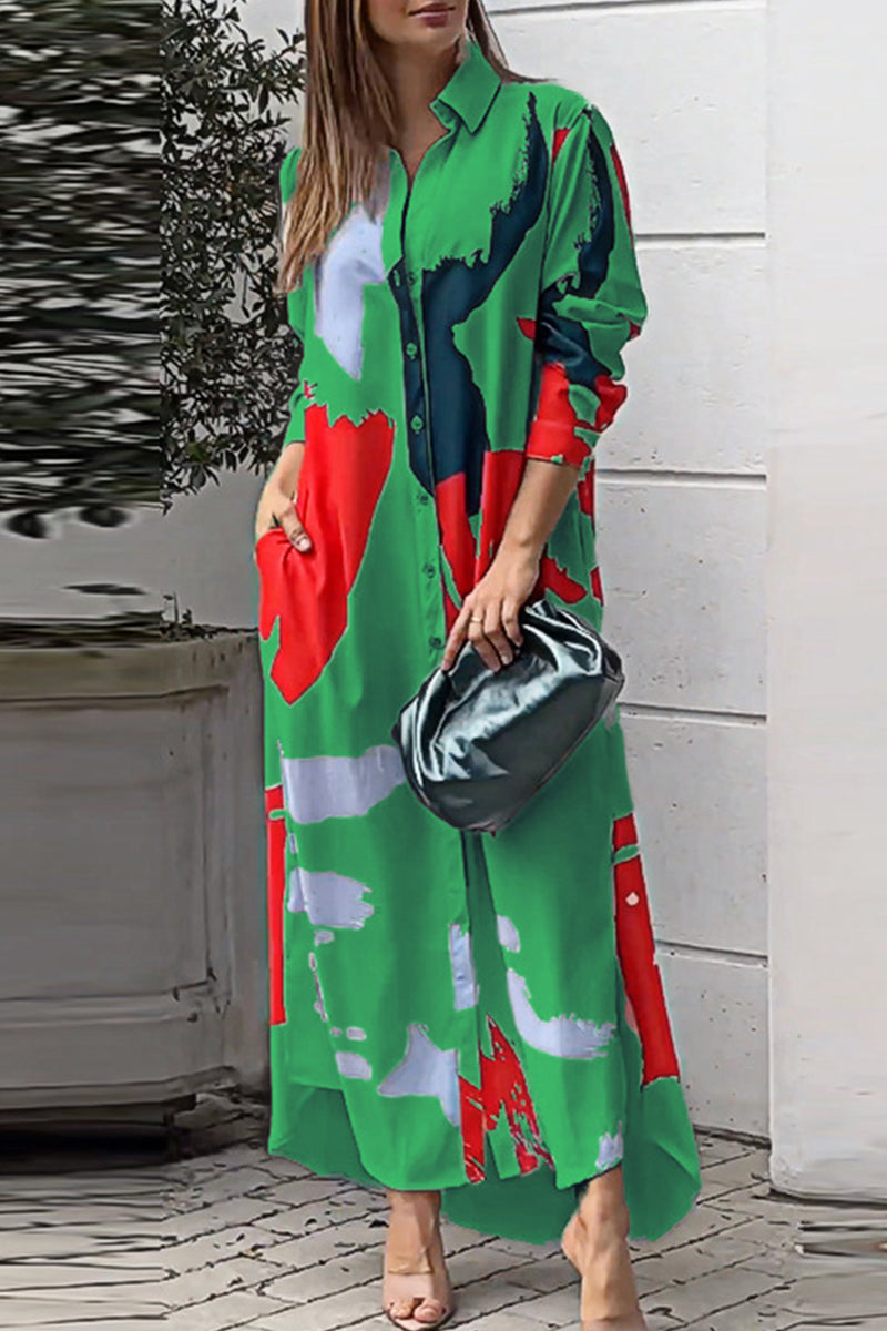 Collared Button Front Long Sleeve Pocket Slit Maxi Shirt Dress - View 9