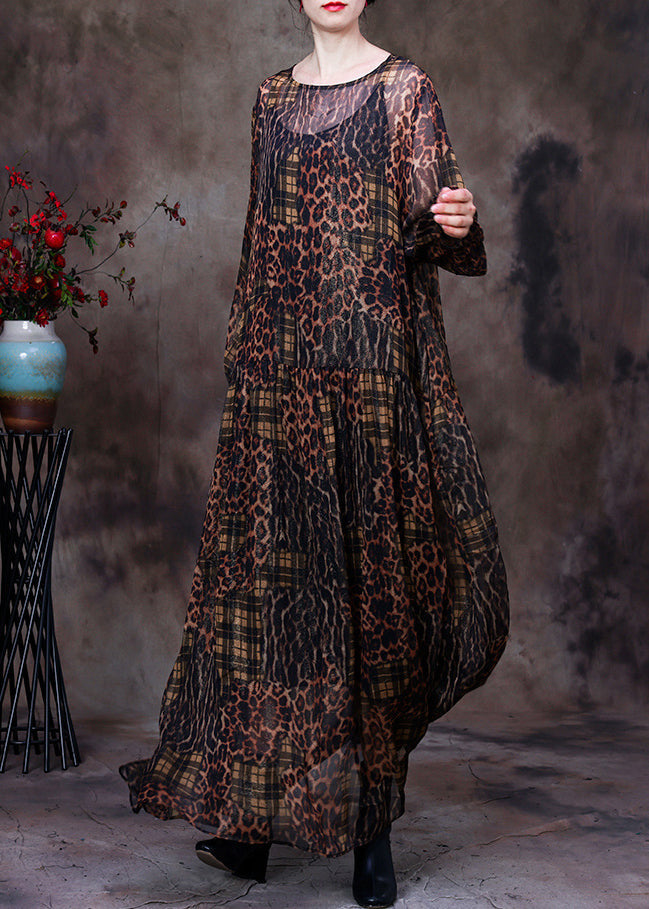 Sheer Leopard Plaid Patchwork Long Sleeve Balloon Sleeve Maxi Dress - View 2